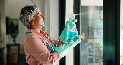 Buy stock photo Cleaning, window and senior woman with spray bottle for hygiene, housekeeping and maid service. Washing, glass and person with shine, detergents and liquid for bacteria, disinfection and dust in home