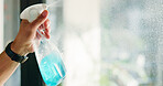 Person, hands and window with spray bottle for detergent, housekeeping or cleaning at home. Cleaner, maid and liquid mist with soap on glass surface for dirt, bacteria or germ removal on mockup space