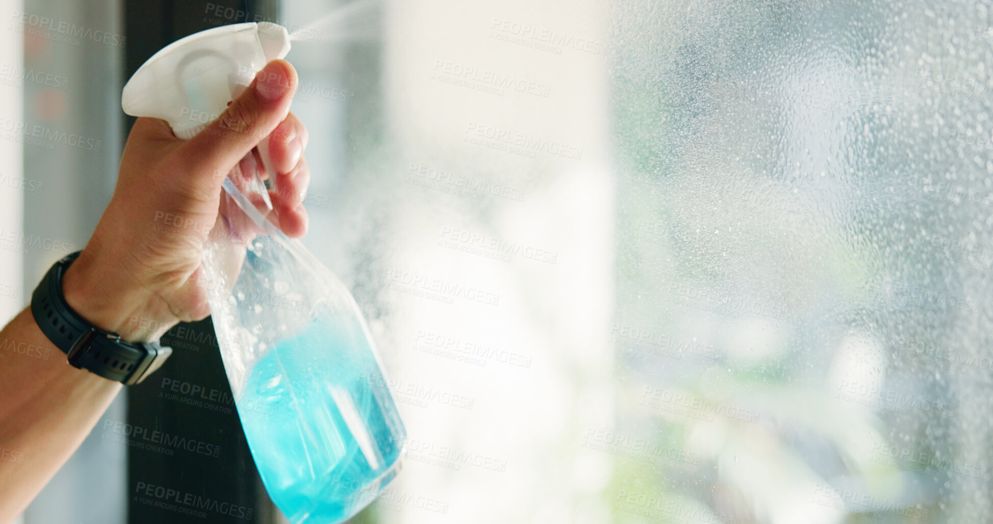 Buy stock photo Person, hands and window with spray bottle for detergent, housekeeping or cleaning at home. Cleaner, maid and liquid mist with soap on glass surface for dirt, bacteria or germ removal on mockup space
