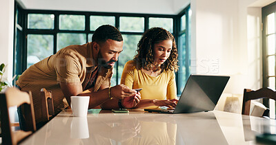 Buy stock photo Home, credit card and couple with laptop, payment and savings with online shopping. Apartment, pc and man with woman, internet and mortgage with transactions, ecommerce and banking with purchase