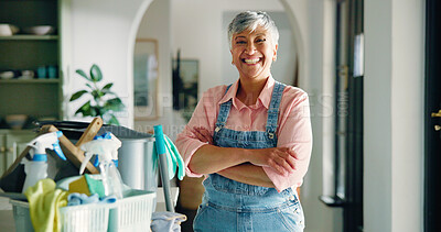Buy stock photo Portrait, housekeeping and old woman with arms crossed, smile and chore with confidence. Pensioner, apartment and senior person in lounge, happy and pride with spring cleaning, hygiene or detergent