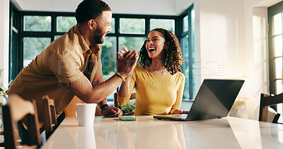 Buy stock photo Planning, laptop and high five with couple in kitchen for travel itinerary, flight booking and vacation package. Man, woman and excited with passport application, airline review and happy in home