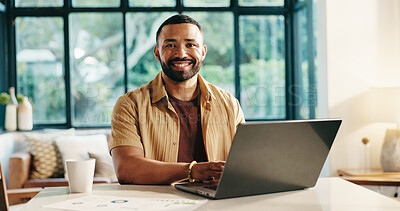 Buy stock photo Smile, laptop and portrait of man in home with remote work for finance proposal with online client. Happy, freelancer and male financial manager with computer for investment planning with confidence.