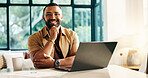 Happy, laptop and portrait of man in home with remote work for finance proposal with online client. Smile, freelancer and male financial manager with computer for investment planning with confidence.