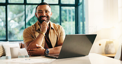 Buy stock photo Happy, laptop and portrait of man in home with remote work for finance proposal with online client. Smile, freelancer and male financial manager with computer for investment planning with confidence.