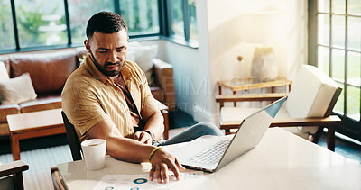 Buy stock photo Data, freelancer and man with paperwork for problem solving, financial analysis or reading. Chart, hybrid work and serious person in home office for thinking, review metrics and stats for investment