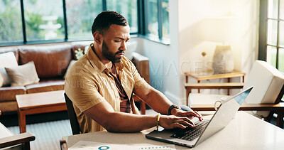 Buy stock photo Laptop, typing and serious man in home office for remote work, finance and audit analysis. Computer, freelancer and reading email online for accounting, bookkeeping and problem solving for budget