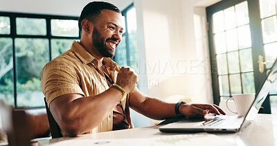 Buy stock photo Excited, man and success with laptop at house for good news, loan approval and celebration. Smile, male person and pc with fist pump for financial freedom, investment goals and feedback for promotion