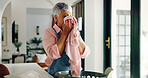 Sniffing, cloth and woman with laundry, home and smell of clean washing, fragrance and housekeeping. Fabric, scent and mature person with chores in house, cleaner and odor of material or hygiene