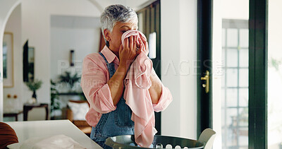 Buy stock photo Sniffing, cloth and woman with laundry, home and smell of clean washing, fragrance and housekeeping. Fabric, scent and mature person with chores in house, cleaner and odor of material or hygiene