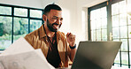 Happy businessman, laptop and home with documents for finance, budget planning or salary increase. Man, freelancer and smile with computer or paperwork for profit, good news or investment at house