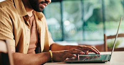 Buy stock photo Laptop, hands and typing in home office for hybrid work, story and ebook author review draft. Keyboard, freelancer and man writing email online for publication update, research and editing for upload