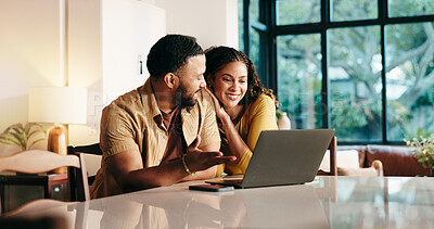 Buy stock photo Home, smile and couple with laptop, conversation and bonding together with email. Apartment, people and man with woman, computer and internet with website info, connection and support with giveaway