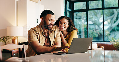 Buy stock photo Happy, couple and browsing on website, laptop or planning for trip with tech, bonding and apartment. Online, booking and people with app for hotel reservation, woman and man with research in home