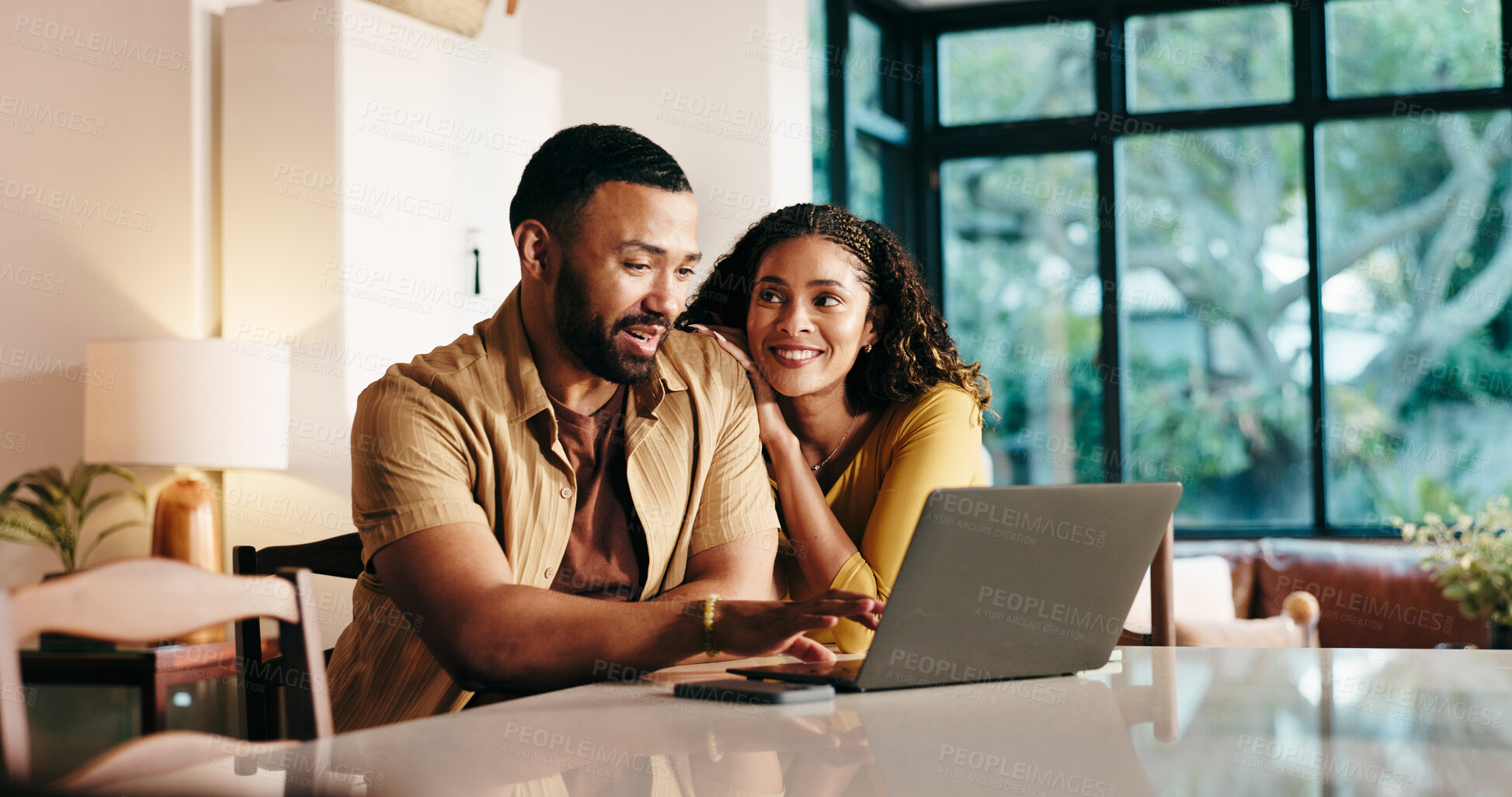 Buy stock photo Happy, couple and browsing on website, laptop or planning for trip with tech, bonding and apartment. Online, booking and people with app for hotel reservation, woman and man with research in home
