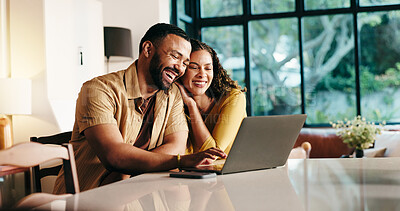 Buy stock photo Planning, laptop and laughter with couple in kitchen for travel itinerary, flight booking and vacation package. Passport application, discussion and airline review with man, woman and love in home