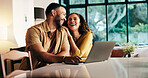 Planning, laptop and laugh with happy couple in kitchen for travel itinerary, flight booking and vacation package. Passport application, discussion and airline review with man, woman and love in home
