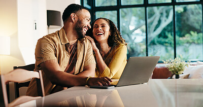 Buy stock photo Planning, laptop and laugh with happy couple in kitchen for travel itinerary, flight booking and vacation package. Passport application, discussion and airline review with man, woman and love in home