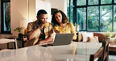 Buy stock photo Pointing, woman and couple with laptop, home and planning for trip with tech, bonding and apartment. Online, booking and people with app for hotel reservation, review and choice on social media