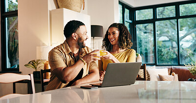 Buy stock photo House, toast and couple with juice, smile and bonding together with love, relationship and marriage. Apartment, healthy man or woman with laptop, nutrition and natural drink with cheers or support