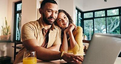 Buy stock photo Planning, laptop and smile with couple in kitchen for travel itinerary, flight booking and vacation package. Passport application, discussion and airline review with man, woman and happy in home