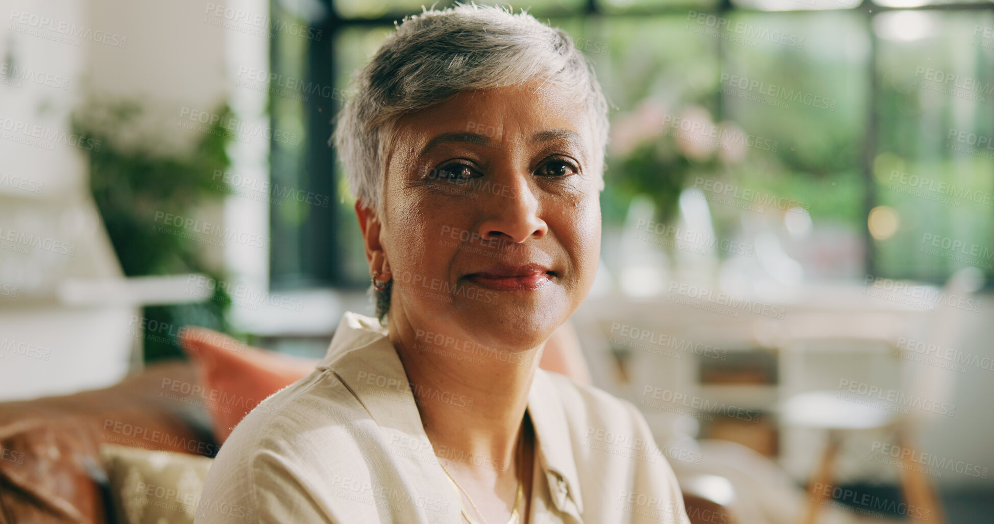 Buy stock photo Happy, portrait and senior woman on sofa for relax, comfort and break in retirement. Smile, living room and mature person in nursing home for calm, confidence and wellness in apartment lounge