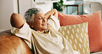 Stretching, relax and peace with old woman on sofa for comfortable, mindset and retirement. Calm, resting and satisfaction with senior person in loving room of home for smile and eyes closed