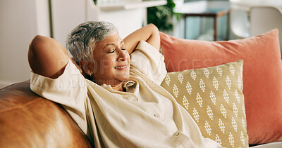Buy stock photo Stretching, relax and peace with old woman on sofa for comfortable, mindset and retirement. Calm, resting and satisfaction with senior person in loving room of home for smile and eyes closed