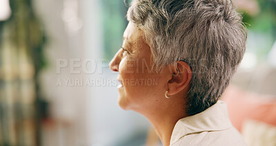Buy stock photo Thinking, home and senior woman with smile, retirement and nostalgia for past life, future wellness and calm. Pensioner, happy lady and elderly person with peace, relax and reflection with space