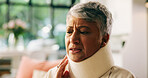 Injury, pain and woman with neck brace, home and discomfort of fracture, thinking or hurt in lounge. Accident, recovery and C collar to support spinal cord, house and healthcare for elderly person