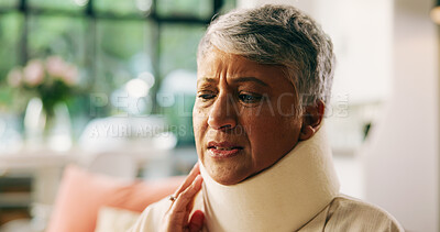 Buy stock photo Injury, pain and woman with neck brace, home and discomfort of fracture, thinking or hurt in lounge. Accident, recovery and C collar to support spinal cord, house and healthcare for elderly person