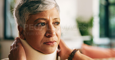 Buy stock photo Thinking, pain and woman with neck brace, injury and discomfort of fracture, home or hurt in lounge. Accident, recovery and C collar to support spinal cord, house and healthcare for elderly person