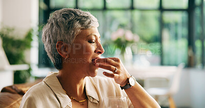 Buy stock photo Home, healthcare and woman with pills, medicine or supplements with vitamin D, wellness and calcium. Retirement, routine and senior person with treatment in living room or prescription antibiotics