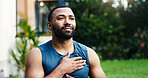 Breathing, fitness and man outdoor for yoga with mindfulness, health and wellness in morning. Calm, home and male person with meditation routine for inner peace, balance or zen in backyard garden.