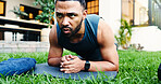 Fitness, plank and health with man outdoor for workout, balance and challenge. Abs exercise, training and bodybuilder with person in backyard of home for core strength, sports and muscle wellness