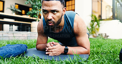 Buy stock photo Fitness, plank and health with man outdoor for workout, balance and challenge. Abs exercise, training and bodybuilder with person in backyard of home for core strength, sports and muscle wellness
