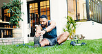 Outdoor, stretching and man with fitness, exercise and warm up with wellness, home and energy. Apartment, person and athlete with training, healthy and calm with routine, morning and body workout