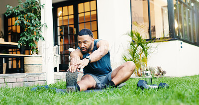 Buy stock photo Outdoor, stretching and man with fitness, exercise and warm up with wellness, home and energy. Apartment, person and athlete with training, healthy and calm with routine, morning and body workout