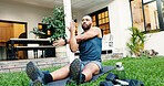Outdoor, stretching and man with training, exercise and warm up with wellness, home and energy. Summer, person and athlete with body workout, health and calm with routine, morning or stress relief