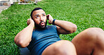 Fitness, crunches and health with man outdoor for workout, balance and challenge. Abs exercise, training and bodybuilder with person in backyard of home for core strength, sit ups and muscle wellness