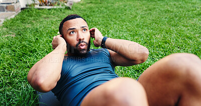 Buy stock photo Fitness, crunches and health with man outdoor for workout, balance and challenge. Abs exercise, training and bodybuilder with person in backyard of home for core strength, sit ups and muscle wellness