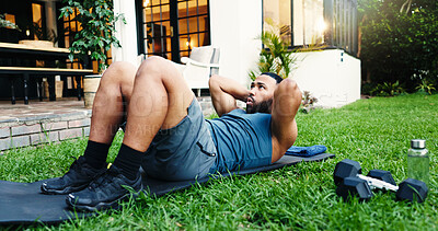 Buy stock photo Fitness, sit up and workout with man outdoor for health, athlete and challenge. Abs exercise, training and bodybuilder with person in backyard of home for core strength, crunches and muscle wellness