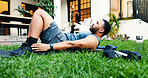 Fitness, floor and health with man outdoor for workout, heel tocuh and challenge. Abs exercise, training and bodybuilder with person in backyard of home for core strength, sports and muscle wellness
