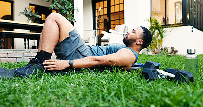 Buy stock photo Fitness, floor and health with man outdoor for workout, heel touch and challenge. Abs exercise, training and bodybuilder with person in backyard of home for core strength, sports and muscle wellness
