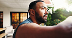 Fitness, man and tired outdoor by home for workout fatigue, exercise recovery and breathing. Athlete, exhausted and resting in backyard for training performance and contemplating intense challenge