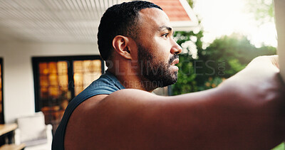 Buy stock photo Thinking, tired and man on break for fitness, health and wellness for exercise recovery by house. Athlete, rest and person by home garden with fatigue, breathing or reflection for sports in backyard