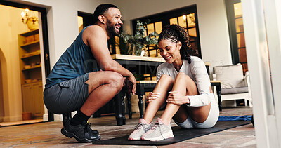 Buy stock photo Couple, sit up and fitness in home, happy or support for training on floor with workout for abs. People, man and woman with partnership for core exercise, routine or motivation with smile in house