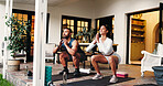 Home, personal trainer and squat with woman, exercise and workout of abdominal muscles and training. House, people and bodybuilding with instructor for leg strength, quads and balance for wellness