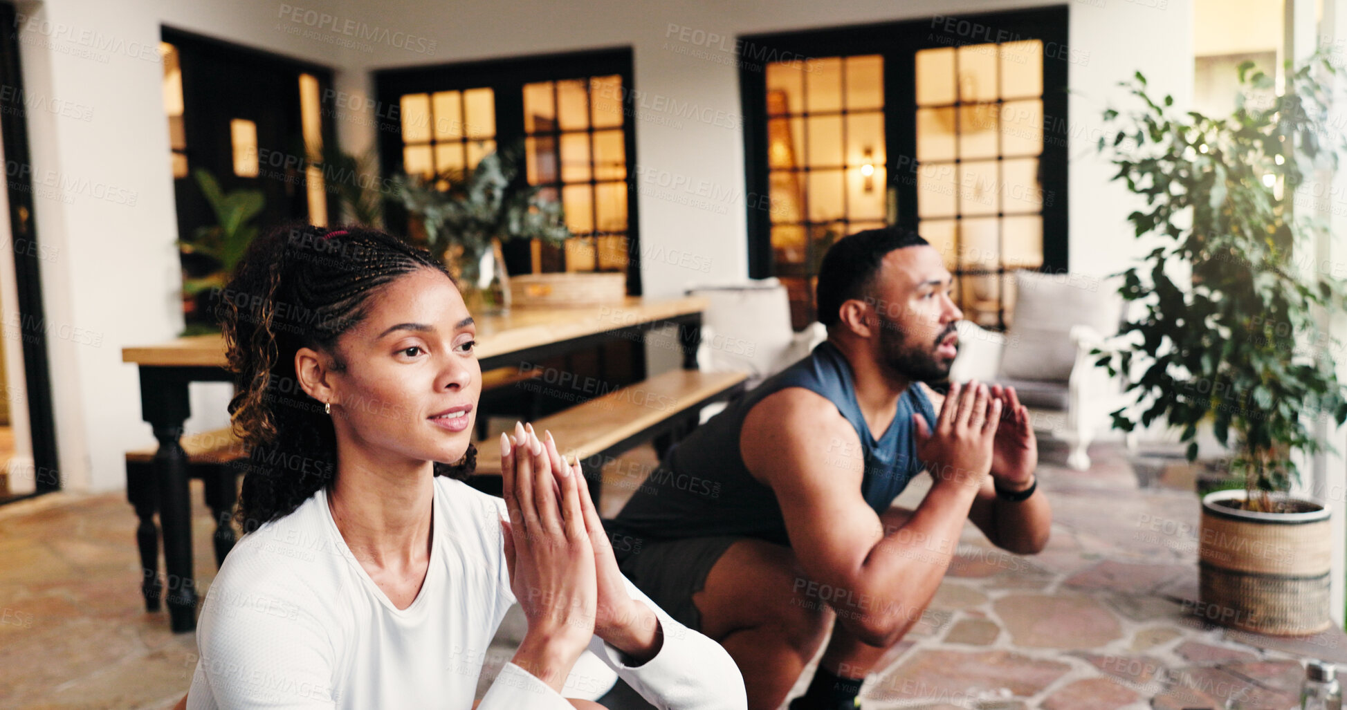 Buy stock photo Home, personal trainer and balance for squat, people and training of abdominal muscles and exercise. House, man and instructor with woman for leg strength, workout and bodybuilding for wellness