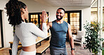 Couple, happy and exercise in home, high five or support with smile for training, motivation and workout. People, man and woman with celebration for fitness, success and cheers for goals at apartment